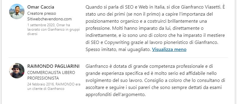 Recensioni Viasetti da Linkedin