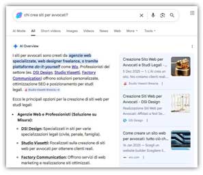 Esempio di risposta AI di Google con citazione di Studio Viasetti tra le fonti