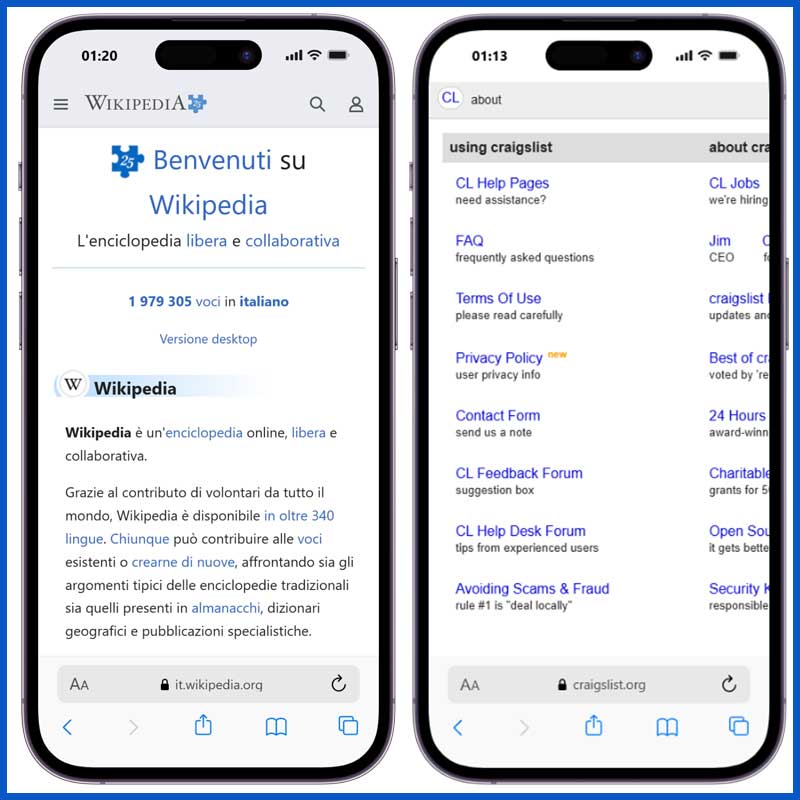 schermate di Craiglist e Wikipedia