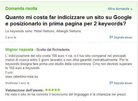 Quanto costa indicizzare un sito secondo Answer Yahoo!